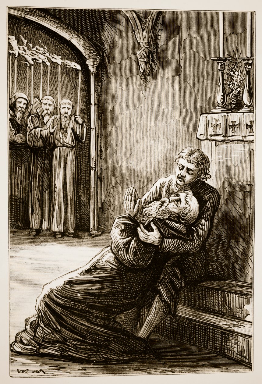 Death of St. Columba, fra The Trias Thaumaturga, or Three Wonder-Working Saints of Ireland, av Mary Cusack (1829-99) utgitt ca. 1890-tallet av Irish School