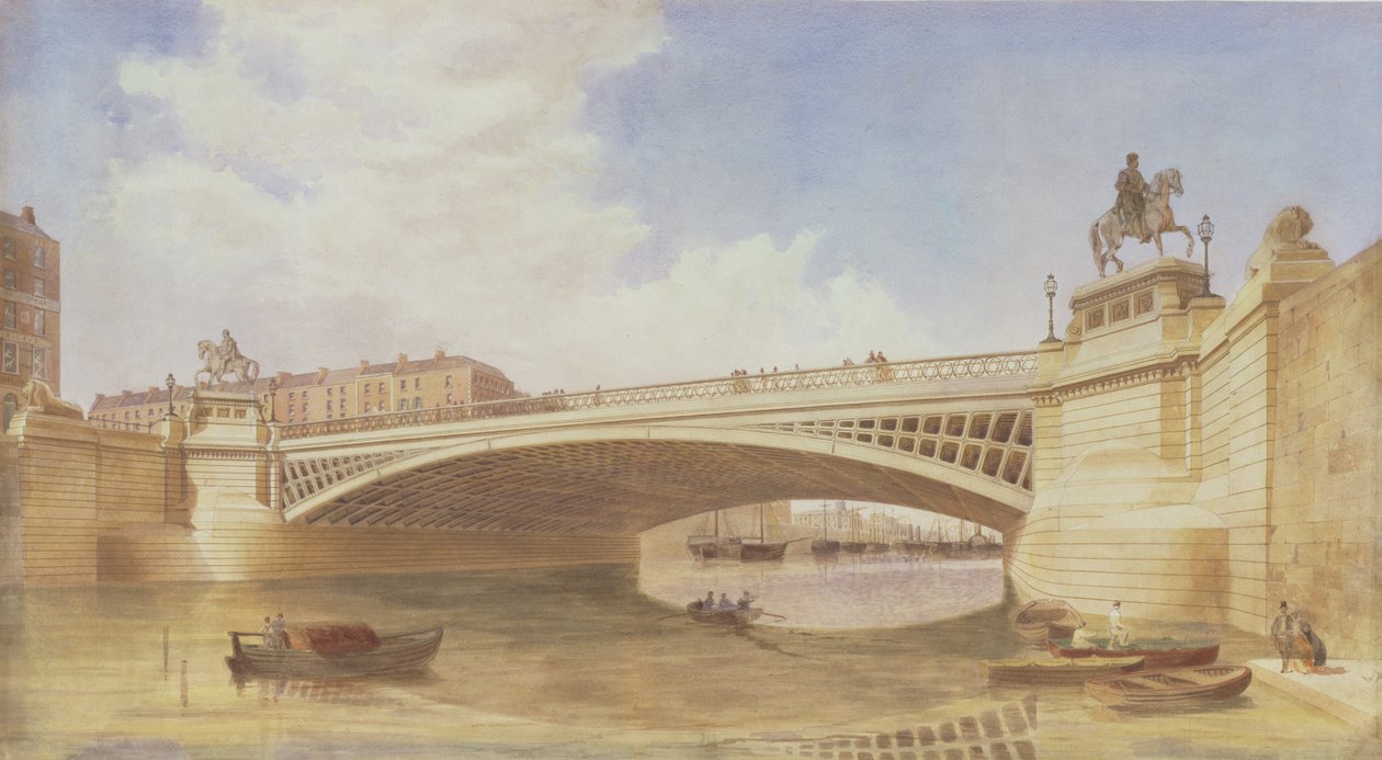 Design for Carlisle Bridge, nå OConnell Bridge, Dublin, tilskrevet kontoret til Mrs Turner og Page (wc) av Irish School