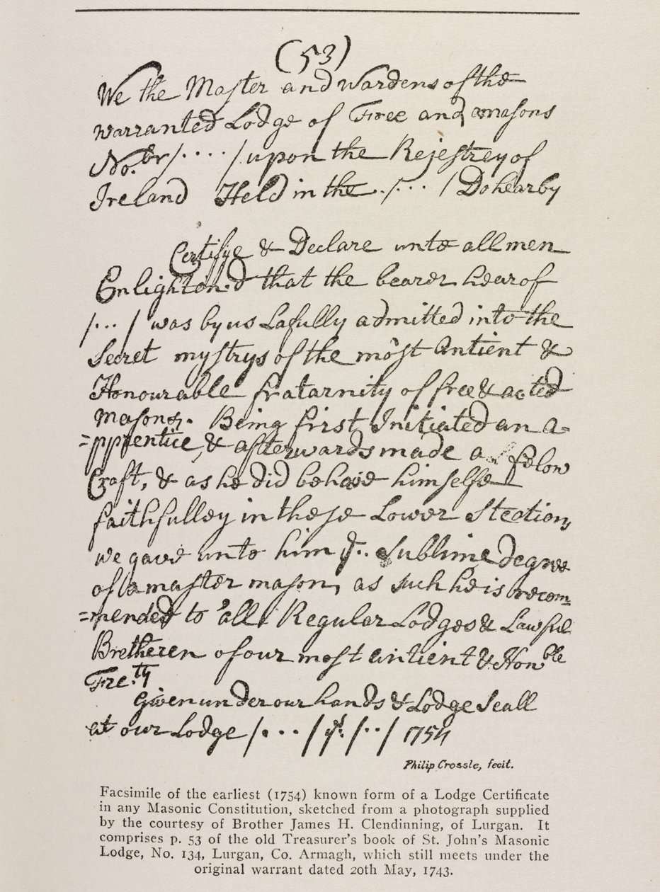 Tidligste kjente sertifikat (irsk) med segl fra Grand Lodge, 1762 av Irish School