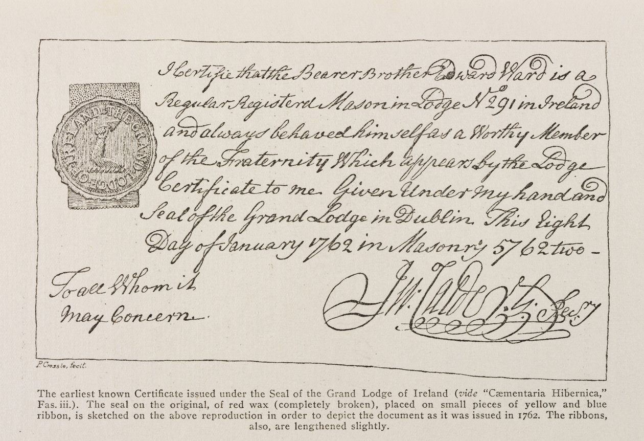 Faksimile av det tidligste kjente sertifikatet utstedt under Seal of the Grand Lodge of Ireland, datert 1762 av Irish School