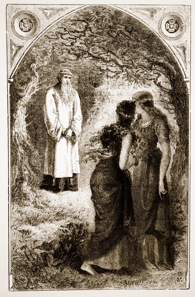 St. Patrick møtt av jomfruer i skogen til Fochlut, fra The Trias Thaumaturga, eller Three Wonder-Working Saints of Ireland, av Mary Cusack (1829-99) utgitt ca. 1890-tallet av Irish School
