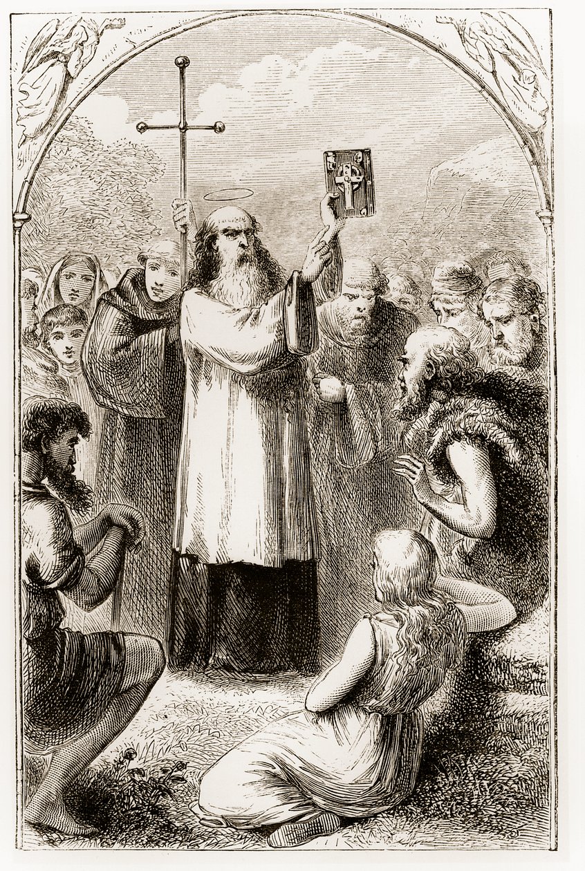 St. Patrick som viser folket i Irland de fire evangeliene, fra The Trias Thaumaturga, eller Three Wonder-Working Saints of Ireland, av Mary Cusack (1829-99) utgitt ca. 1890-tallet av Irish School