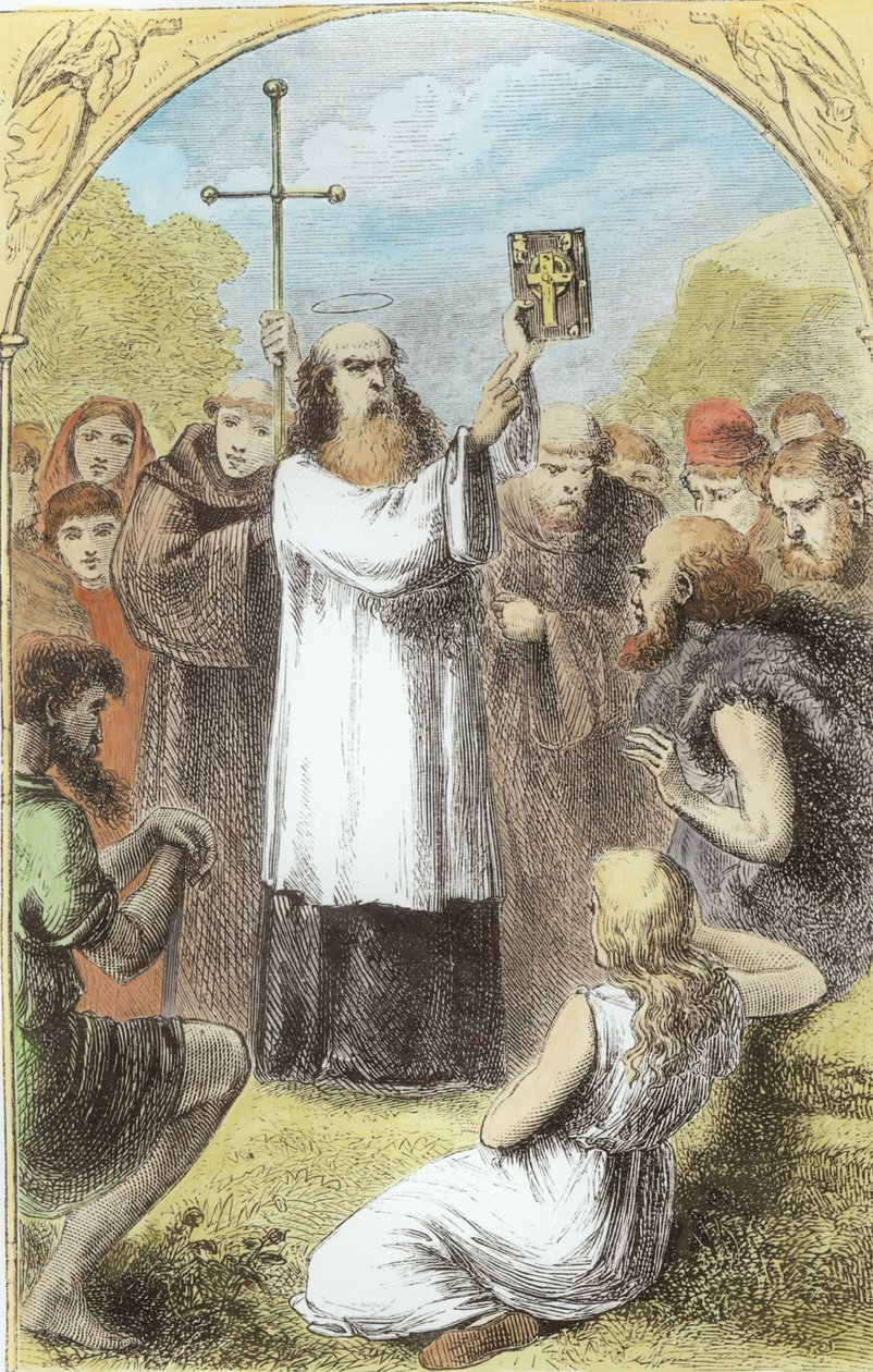 St. Patrick som viser folket i Irland de fire evangeliene, fra The Trias Thaumaturga, eller Three Wonder-Working Saints of Ireland, av Mary Cusack (1829-99) utgitt ca. 1890-tallet (senere fargelegging) av Irish School