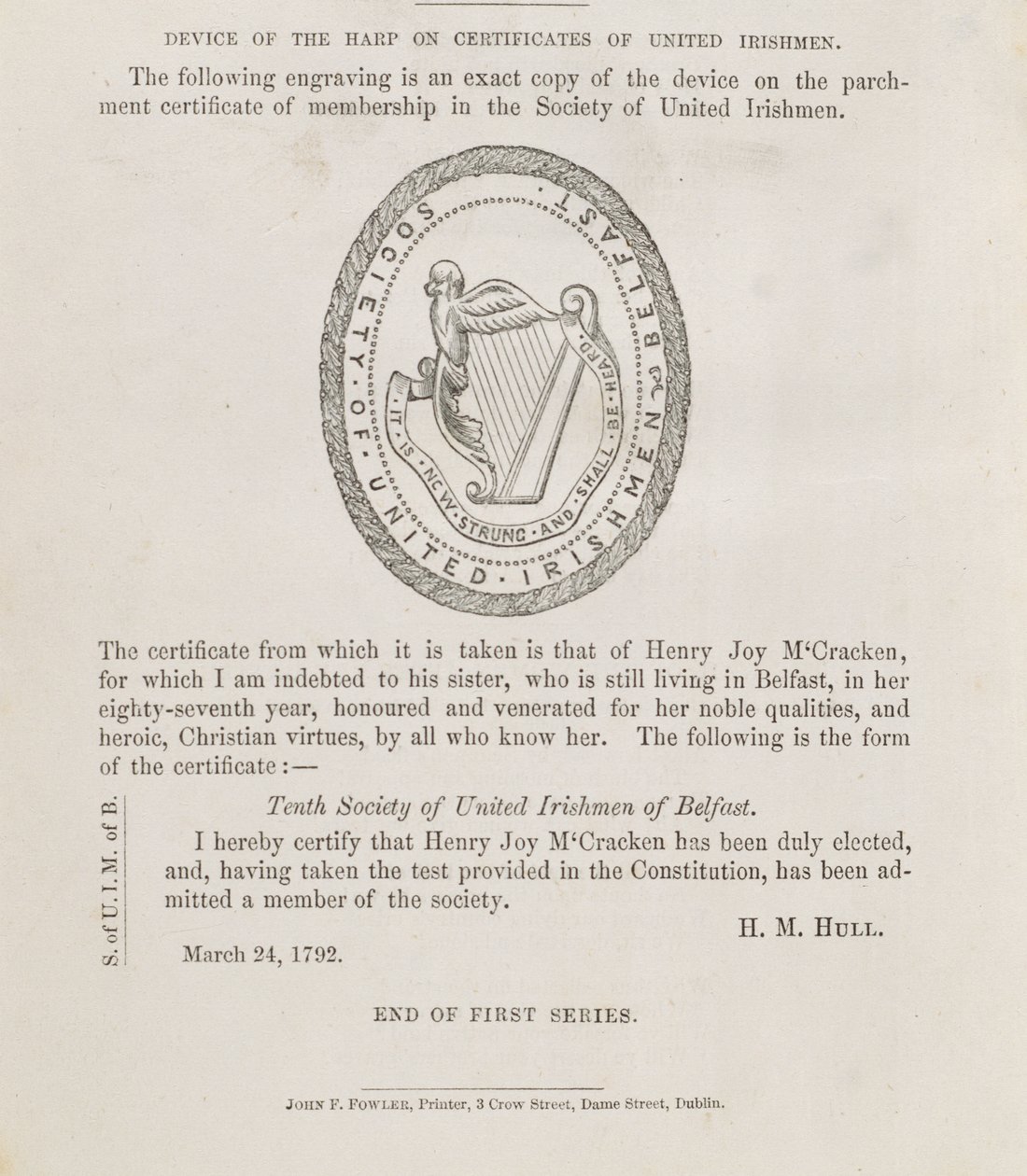 Selet til Society of United Irishmen of Belfast, ca. 1792 (gravering) av Irish School