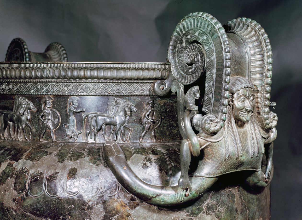 Detalj av gorgonhåndtaket fra et krater, fra graven til en prinsesse av Vix bronse av Iron Age