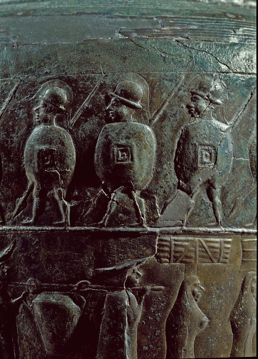 Forhistorisk kunst: detalj av krigere. Situla, bronsepyksid 500 f.Kr. (jernalder) fra Necropolis of Certosa. Størrelse 32 cm Bologna, Civic Archaeological Museum av Iron Age