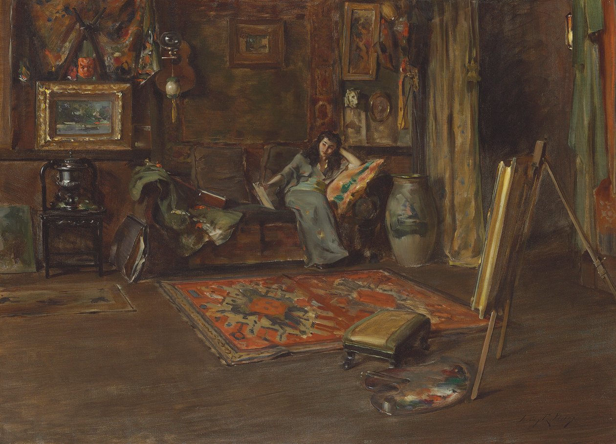 Interiør i William Merritt Chases Tenth Street Studio (olje på lerret) av Irving Ramsay Wiles