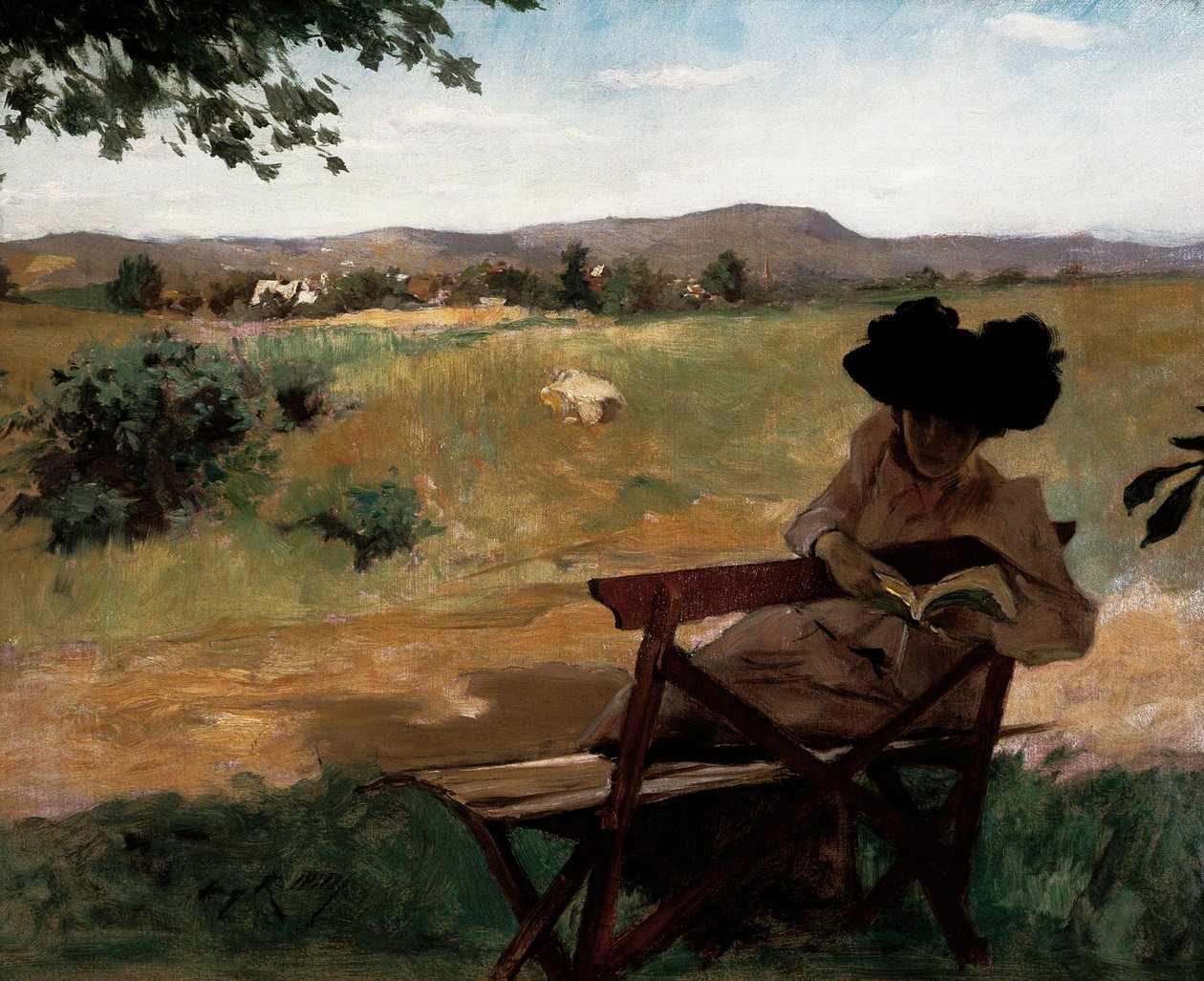 Kvinne sitter på en benk og leser av Irving Ramsay Wiles