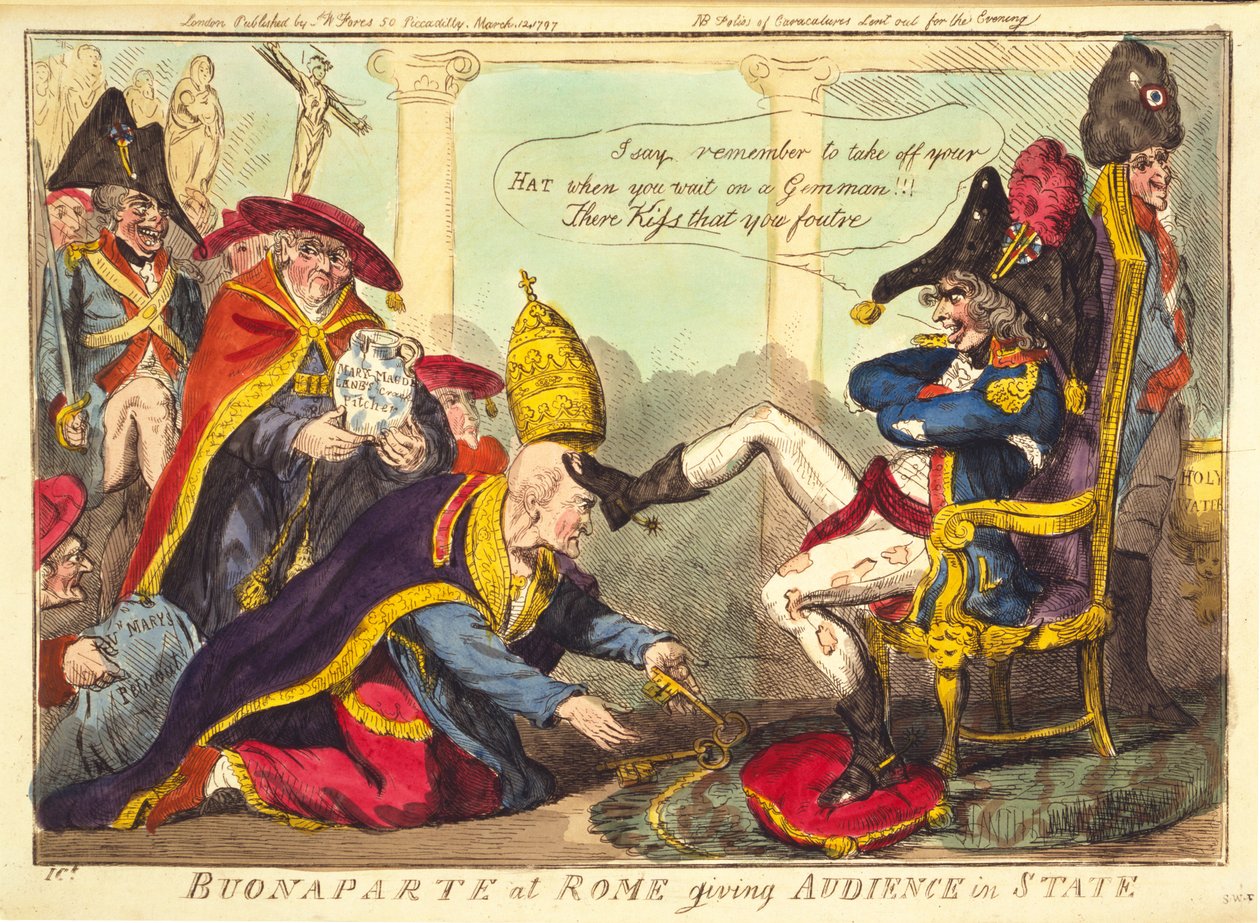 Buonaparte i Roma gir et publikum i staten, pub. 1797 (håndfarget gravering) av Isaac Cruikshank