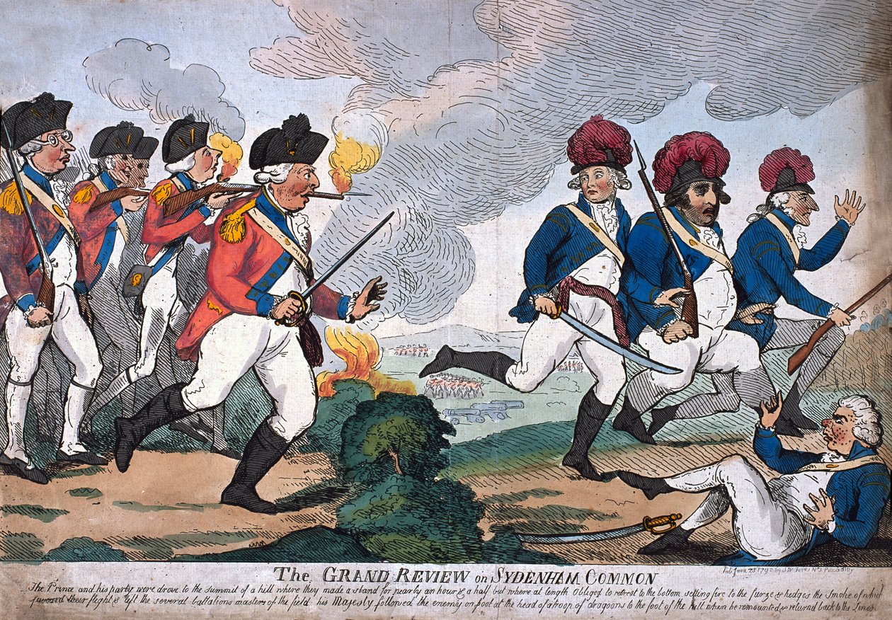 'The Grand Review on Sydenham Common' (farget etsning) av Isaac Cruikshank