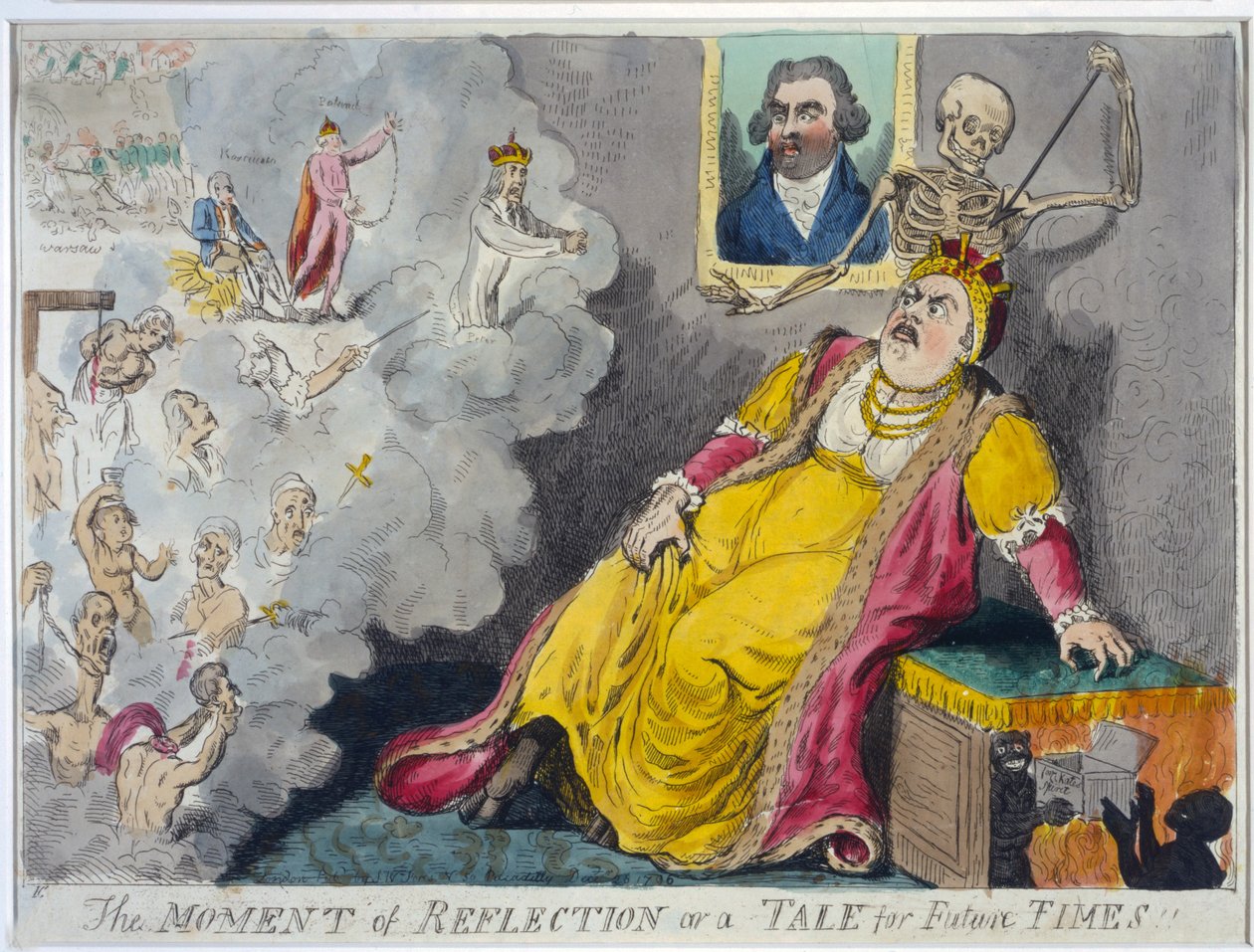 The Moment of Reflection or a Tale for Future Times, pub. 1796 (håndfarget etsning) av Isaac Cruikshank
