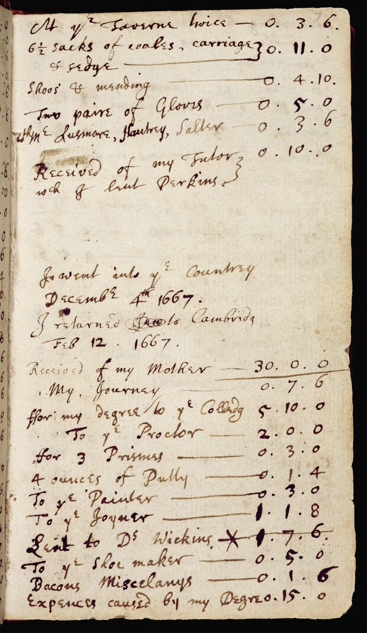 Ms 1-1936 f.7r Side fra en notatbok som inneholder Newtons tanker om optikk og hans husholdningsregnskap, ca. 1665-68 (blekk på papir) av Isaac Newton