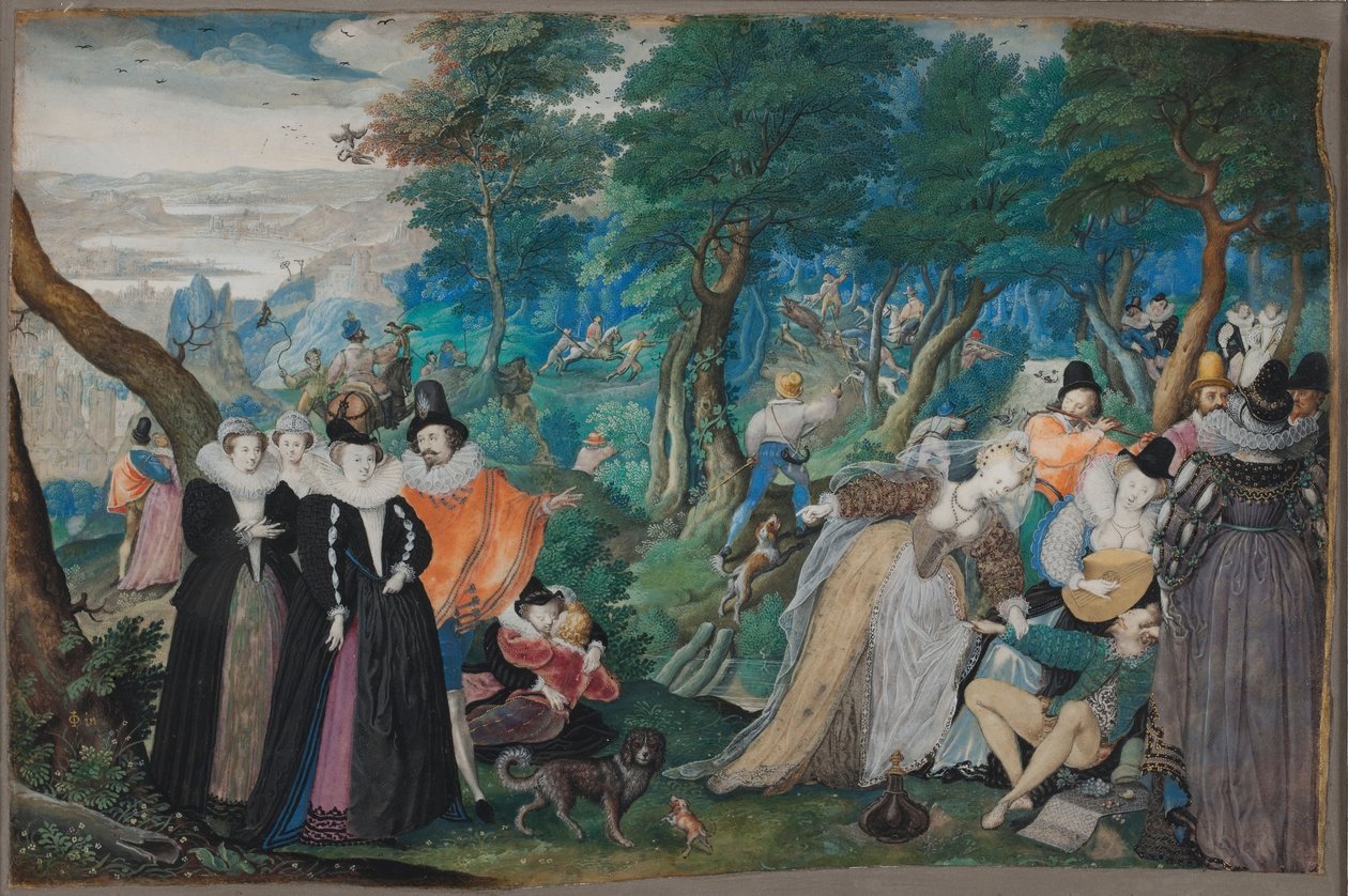 En fest i friluft. Allegori om ekteskapelig kjærlighet, ca. 1590-1595 (gouache og vannfarge på vellum festet på kortet) av Isaac Oliver
