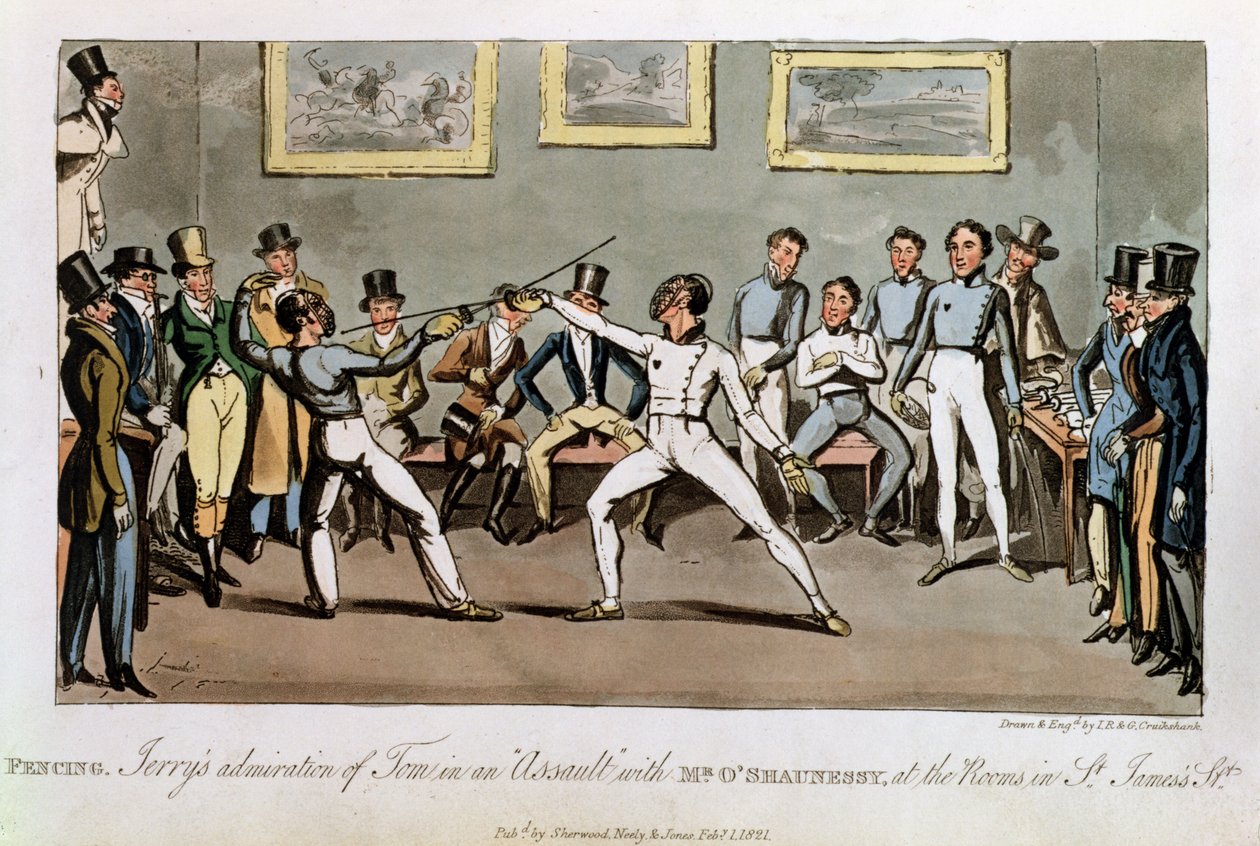 Fekting: Jerrys beundring av Tom i et "overgrep" med Mr O'Shaunessy, på rommene i St. James's Street, fra "Life in London" av Pierce Egan, 1821 (farget akvatint) av Isaac, Robert and George Cruikshank