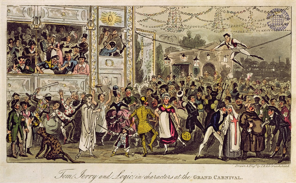 Tom, Jerry og Logic in Characters at the Grand Carnival, fra "Life in London" av Pierce Egan, 1821 (farget akvatint) av Isaac, Robert and George Cruikshank