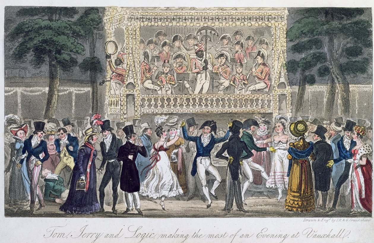 Tom, Jerry og Logic får mest mulig ut av en kveld på Vauxhall, fra "Life in London", av Pierce Egan, 1821 (farget akvatint) av Isaac, Robert and George Cruikshank