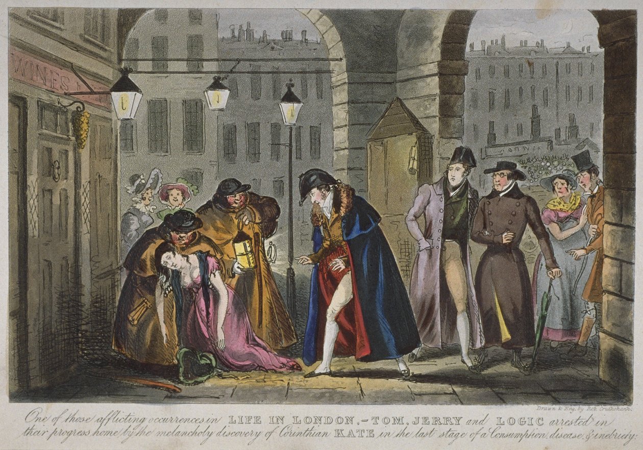 En scene under piazzaene til Covent Garden, 1830 (håndfarget akvatint) av Isaac Robert Cruikshank