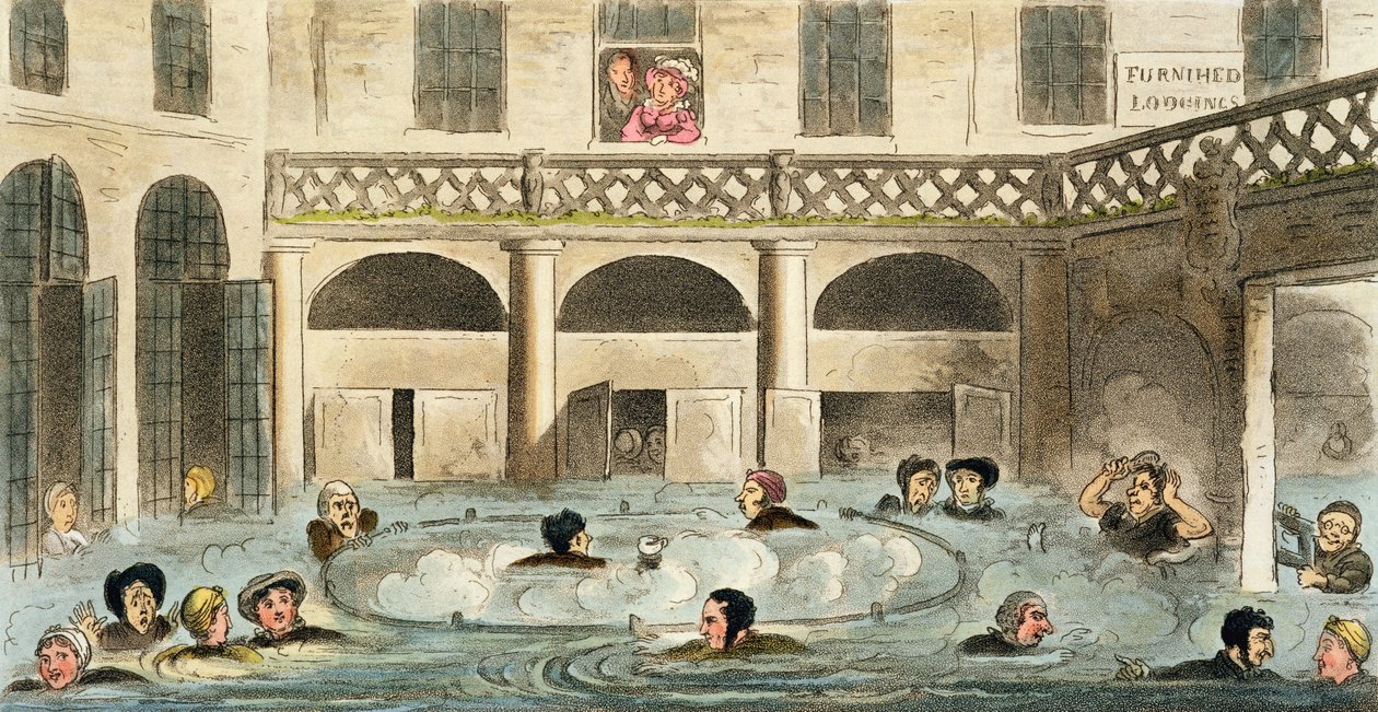 Public Bathing at Bath, eller Stewing Alive, trykk utgitt av Sherwood und Co, 1825 av Isaac Robert Cruikshank