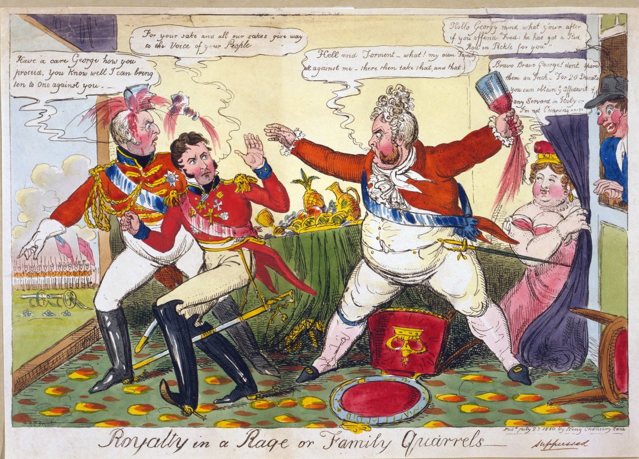 Royalty in a Rage eller Family Quarrels, pub. London, 23. juli 1820 (håndfarget gravering) av Isaac Robert Cruikshank