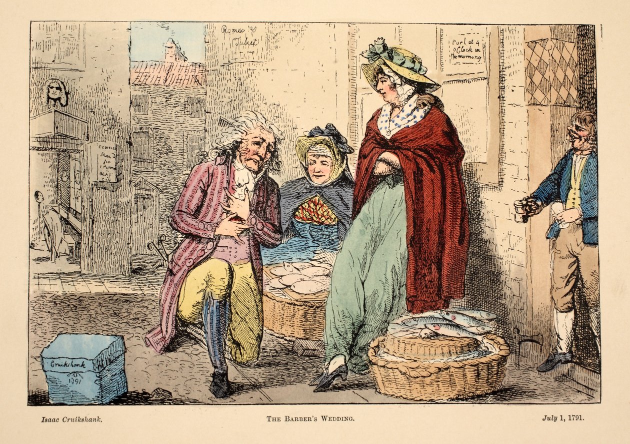 Barbers Wedding, pub. 1791 (håndfarget gravering) av Isaac Robert Cruikshank