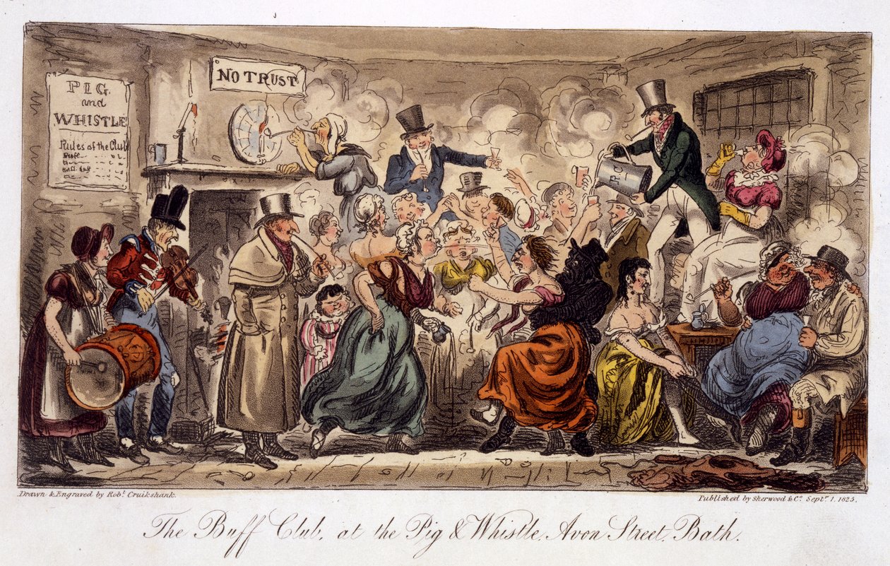 The Buff Club at the Pig and Whistle, Avon Street, Bath, fra The English Spy, pub. London, 1825 (håndfarget akvatint) av Isaac Robert Cruikshank