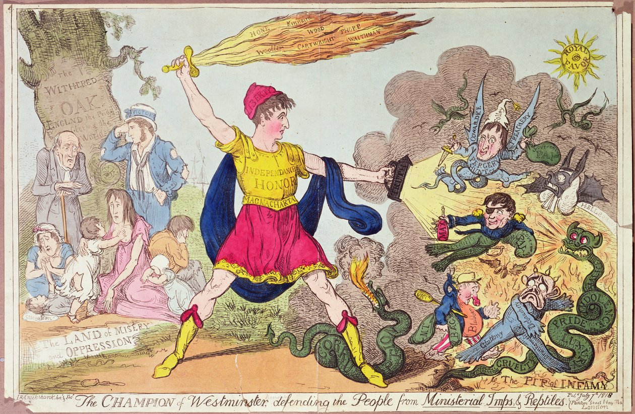Mesteren av Westminster, forsvarer folket fra ministerielle imps og reptiler, 1818 (fargetsning) av Isaac Robert Cruikshank