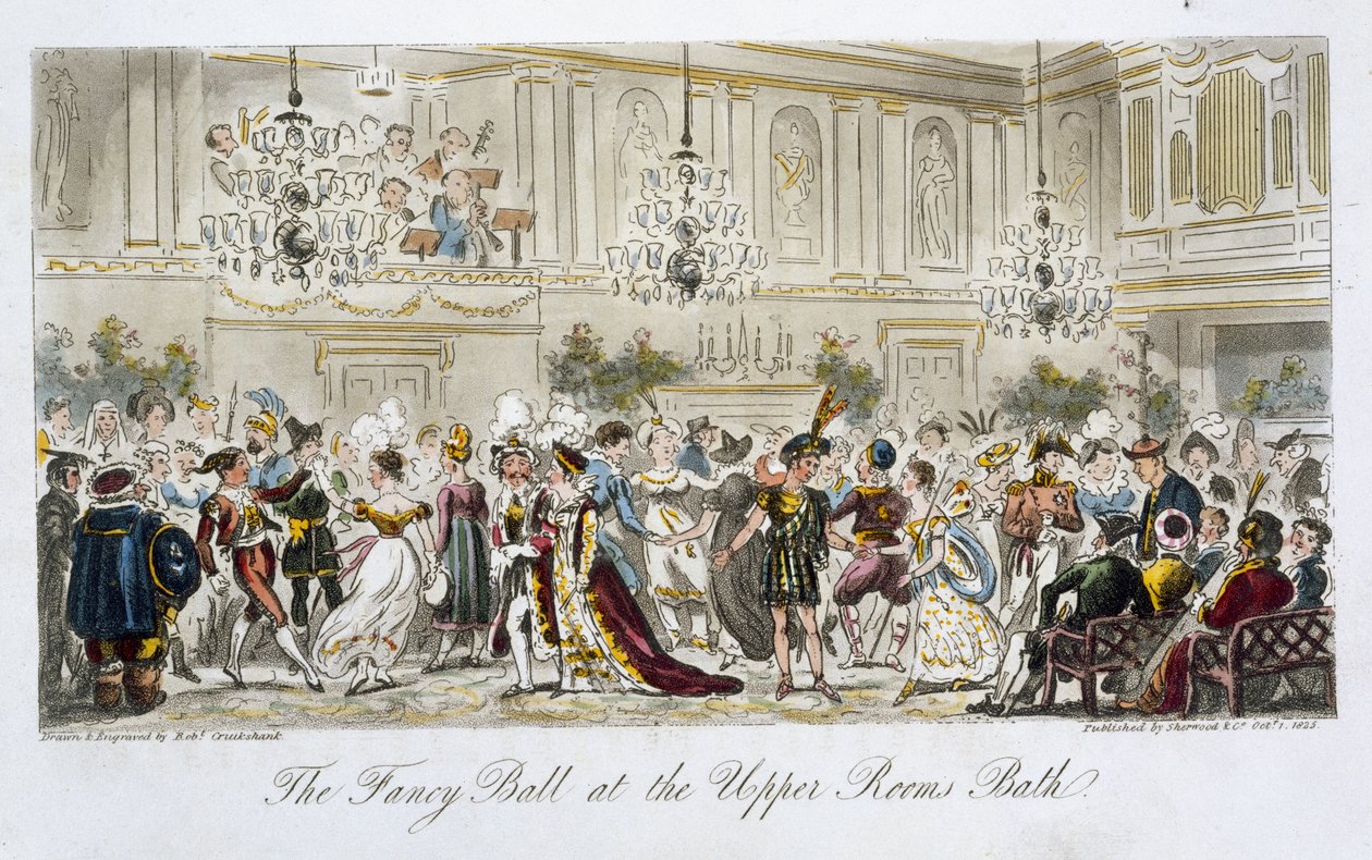 The Fancy Ball at the Upper Rooms, Bath, fra 'The English Spy', av Charles Molloy Westmacott (1788-1868) utgitt London, 1825 av Isaac Robert Cruikshank