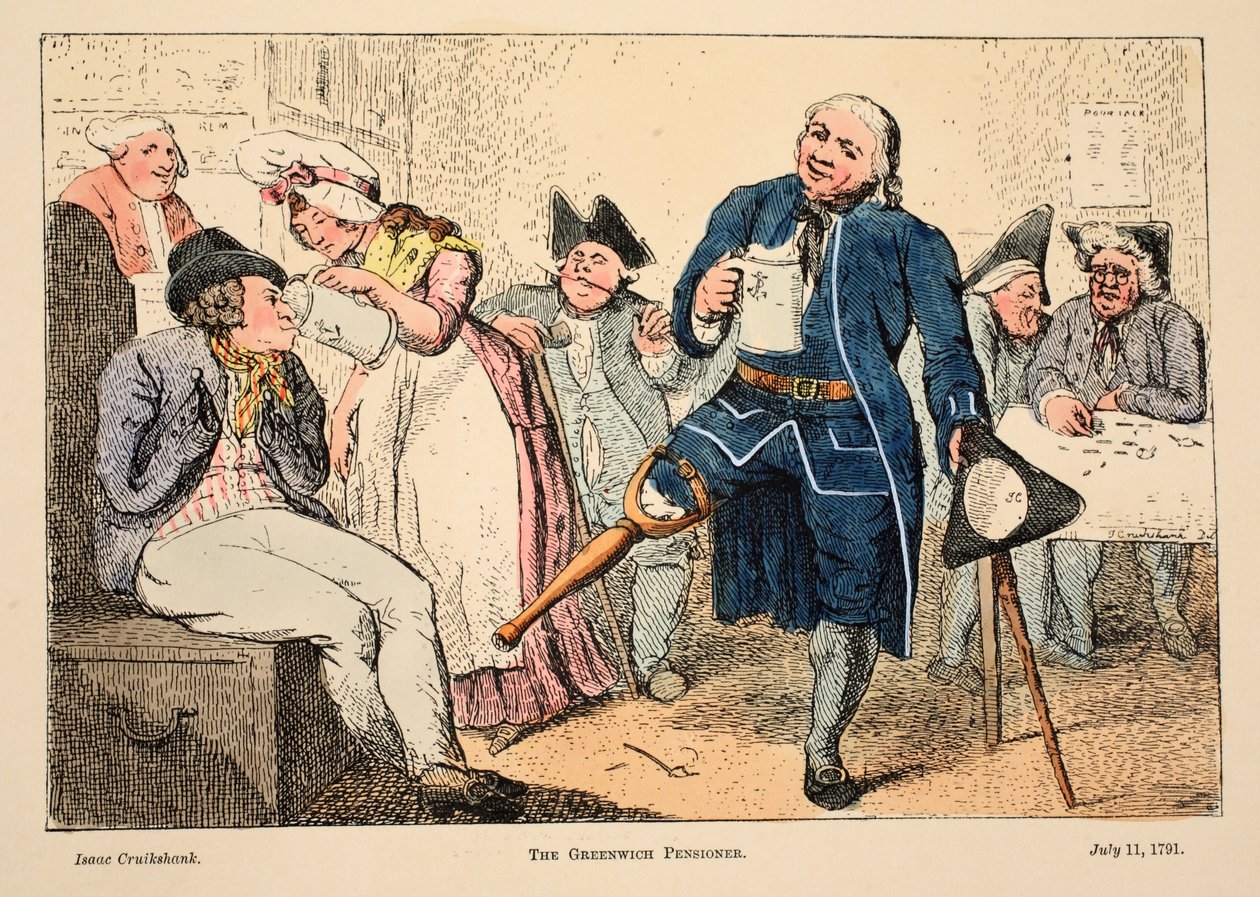 The Greenwich Pensioner, pub. 1791 (håndfarget gravering) av Isaac Robert Cruikshank