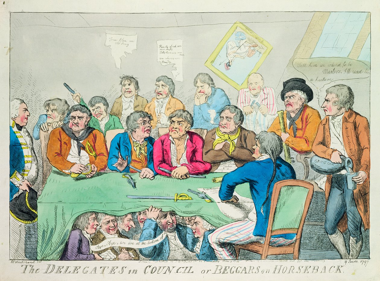 Delegatene i råd eller tiggere til hest, 1797 (fargetsning) av Isaac Robert Cruikshank