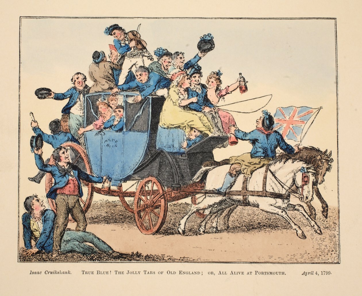 Sann blå! The Jolly Tars of Old England; eller All Alive på Portsmouth, pub. 1799 (håndfarget gravering) av Isaac Robert Cruikshank