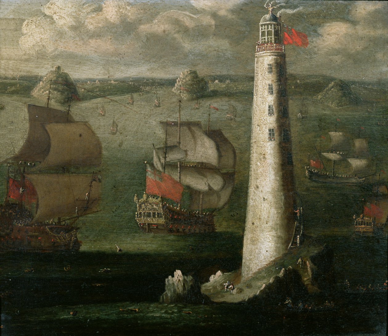 Men-o'-War og andre fartøy før Eddystone Lighthouse (se også 192756) av Isaac Sailmaker