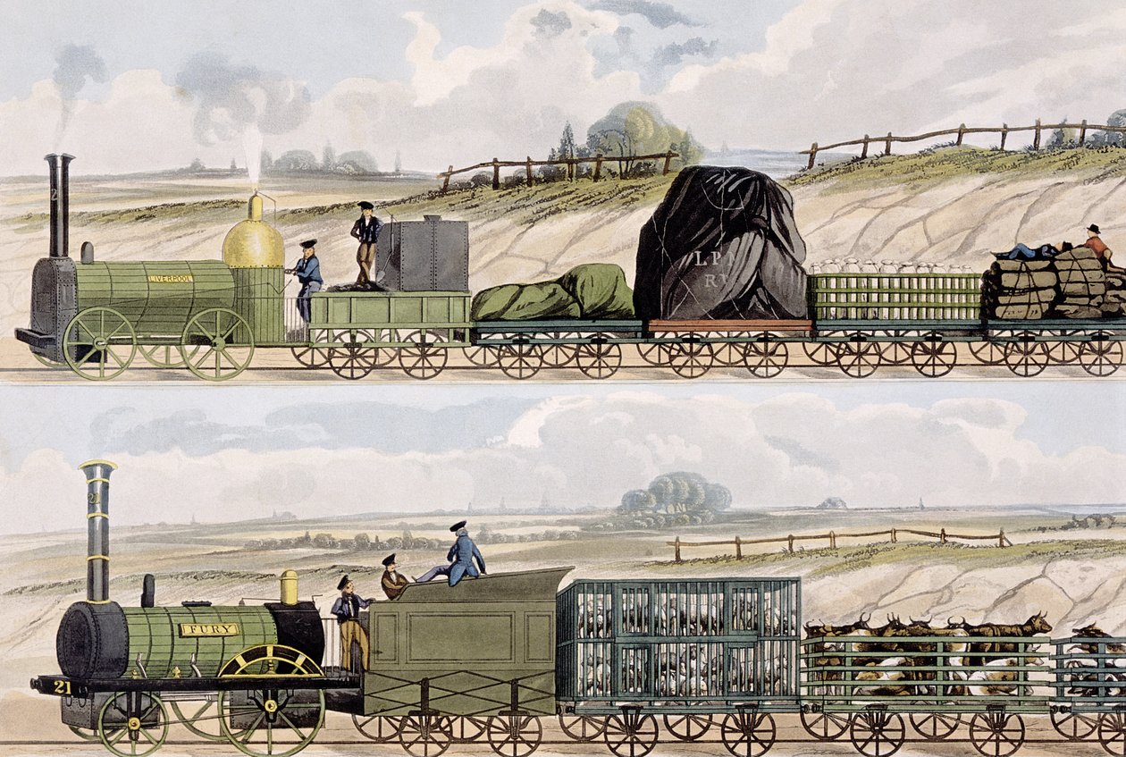 Et tog av vogner (øverst) og et tog med storfe, sauer og griser (nederst) fra 