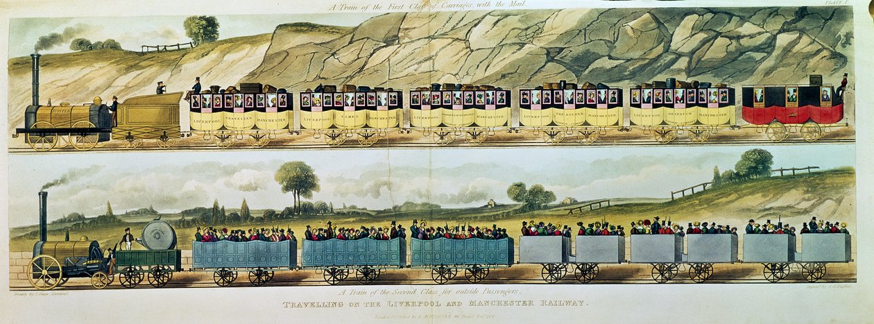 Traveling on the Liverpool and Manchester Railway: A Train of the First Class of Carriages with the Mail, and A Train of the Second Class for Outside Passengers, gravert av S.G. Hughes, pub. av R.A av Isaac Shaw