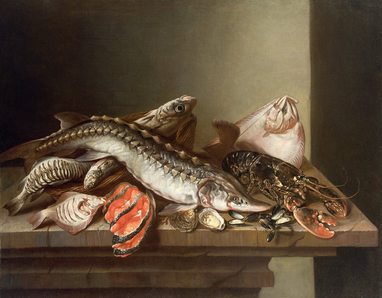 Stilleben av fisk på et bord av Isaac van Duynen
