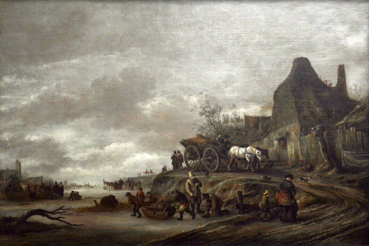 Frossen kanal med vogn som går nedover en sti av Isaac van Ostade