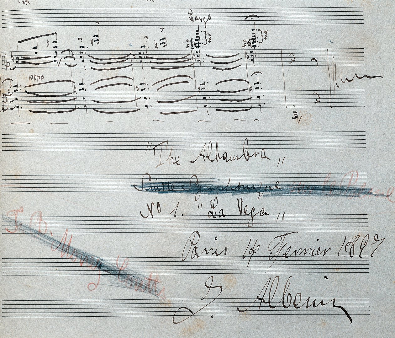 Noter til pianosuiten "" La Vega "" med autograf av Isaac Albeniz (1860-1909), spansk komponist og pianist. Manuskriptdato 14. februar 1897. Catalonias nasjonalbibliotek. av Isaac Albeniz