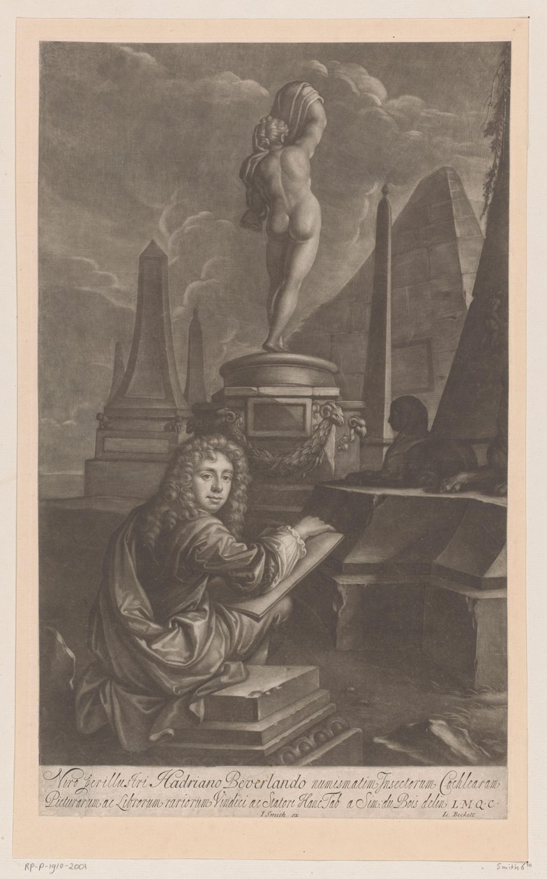 Portrett av Hadriaan Beverland som tegner en statue av Venus av Isaac Beckett