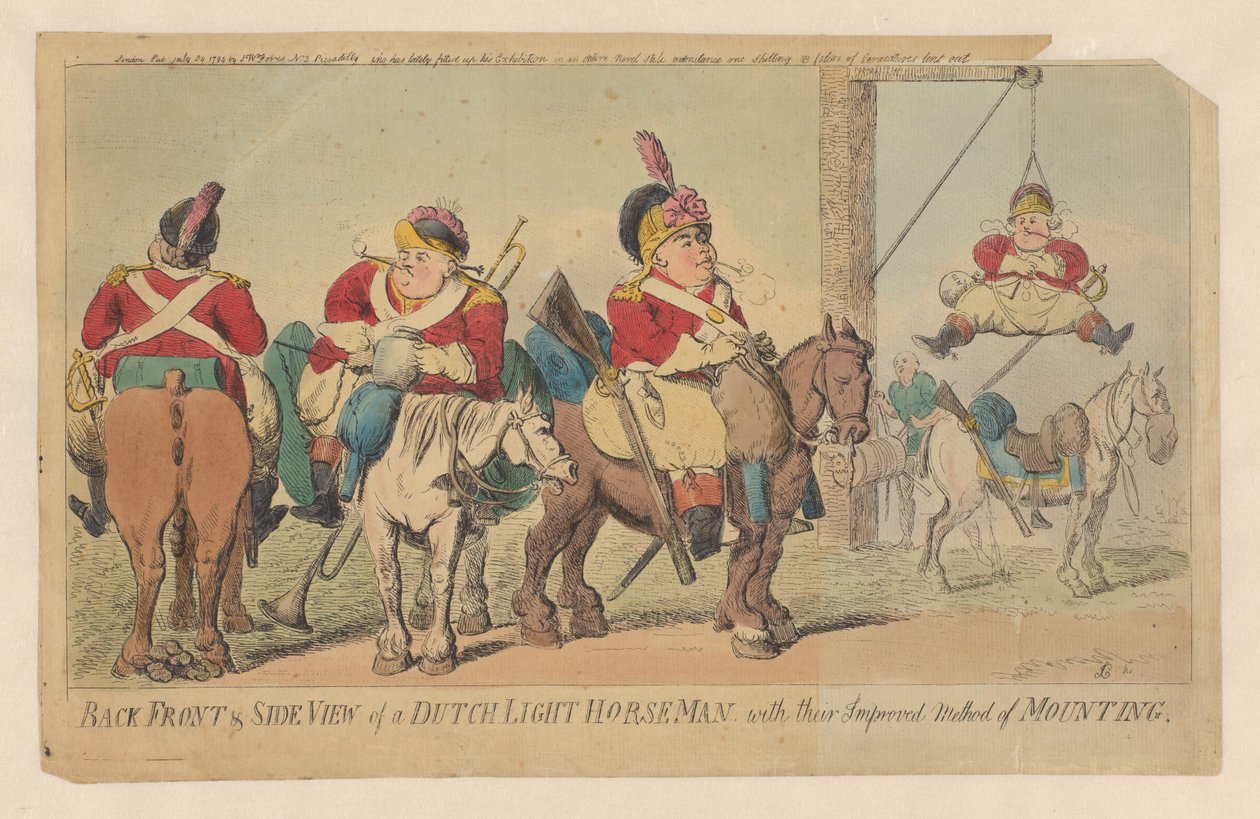 Forbedret metode for det nederlandske lette kavaleriet for å sette seg opp en hest Bakfra og fra siden av en nederlandsk lett hestemann, med deres forbedrede monteringsmetode (tittel på objekt) av Isaac Cruikshank (signed by artist)