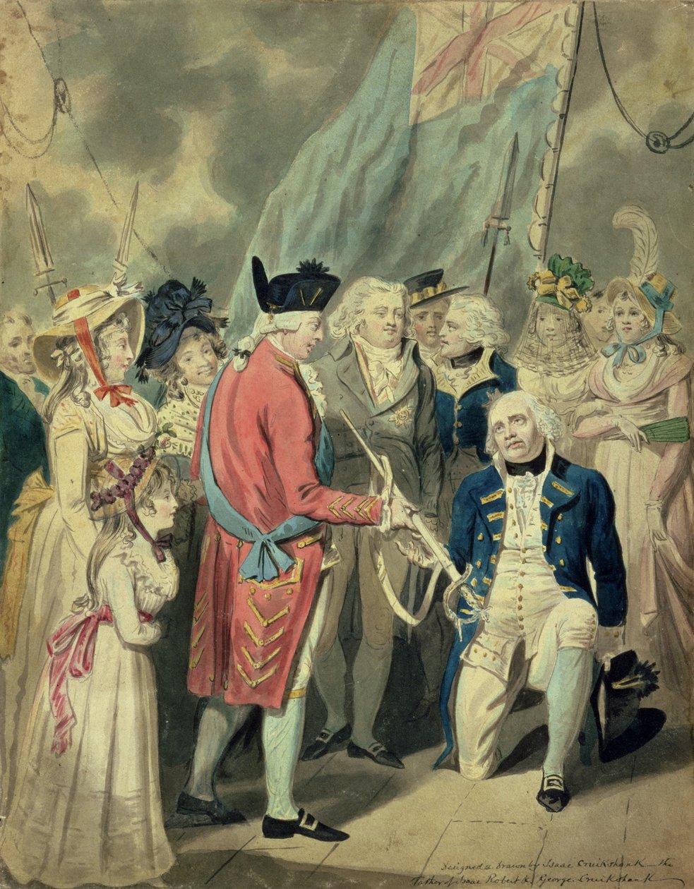 Admiral Collingwood (1750-1810) mottar sølvsverdet (akvarell på papir) av Isaac Cruikshank