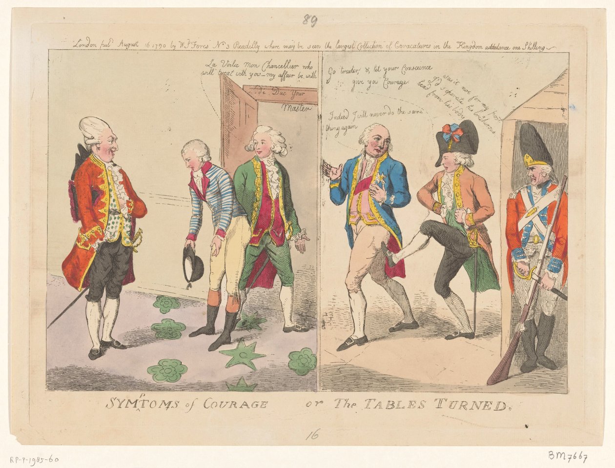 Æressak mellom De Voglas og hertugen av Orléans, 1790 Symptons of Courage or The Tables Turned (tittel på objekt) av Isaac Cruikshank