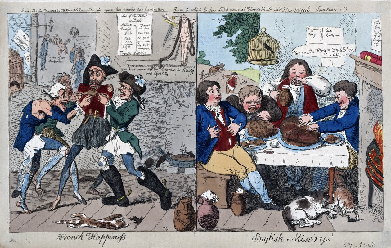 French Happiness: English Misery, pub. 1793 (håndfarget gravering) av Isaac Cruikshank