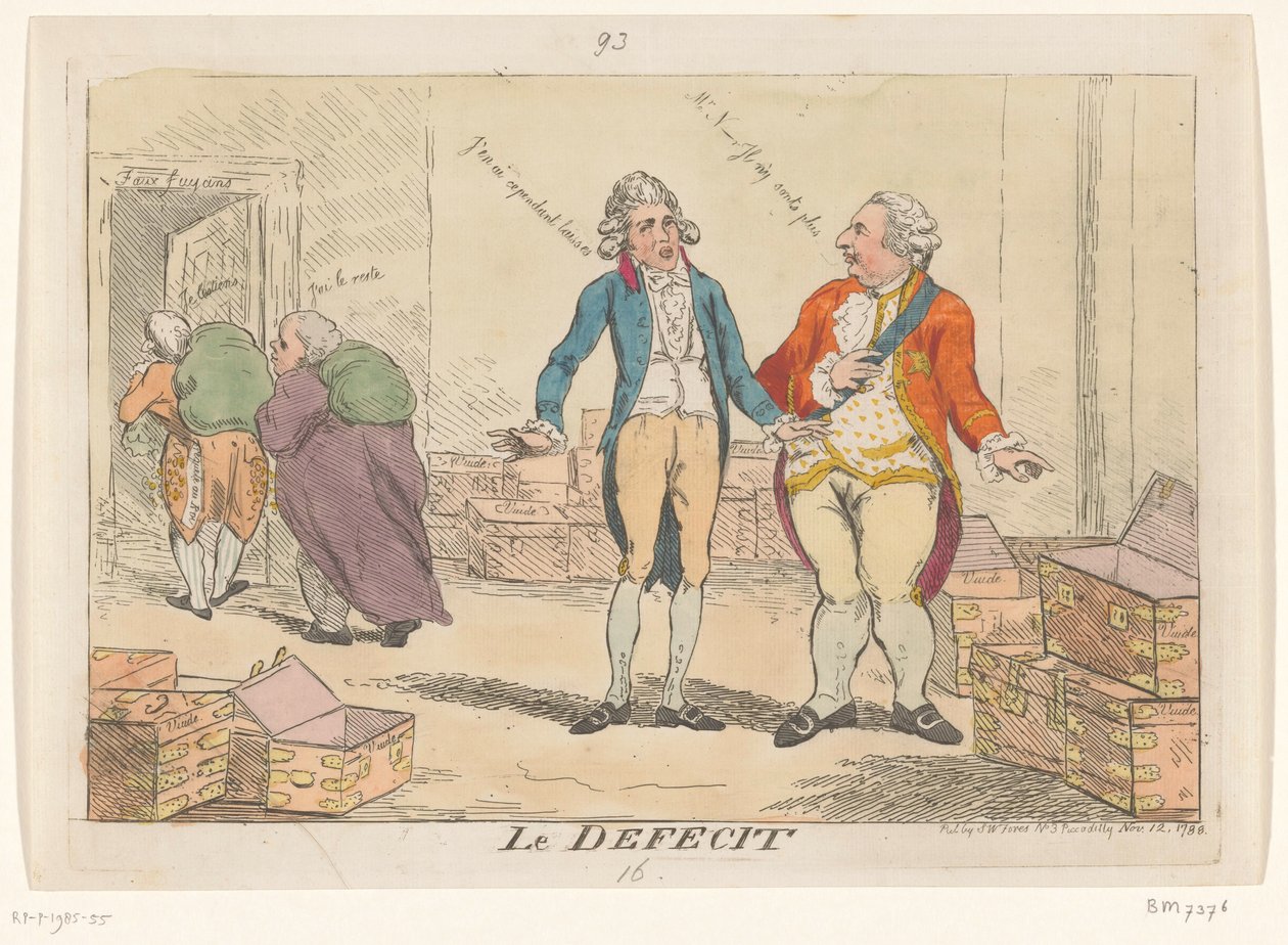 Tegneserie om den franske finanskrisen, 1788 Le Defecit (tittel på objekt) av Isaac Cruikshank