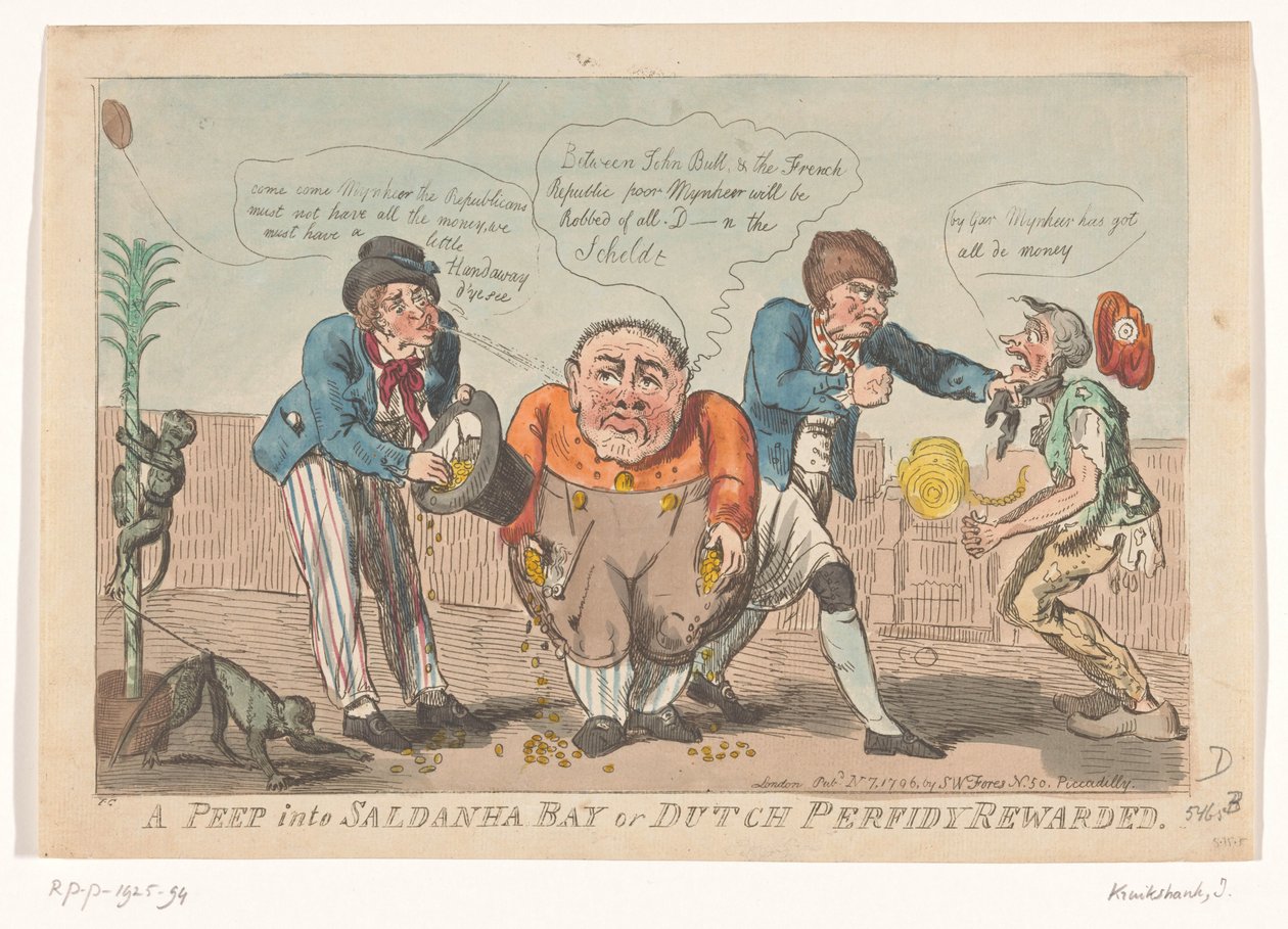 Tegneserie om kapitulasjonen til den bataviske flåten i Saldanha Bay, 1796 A Peep into Saldanha Bay eller Dutch Perfidy Rewarded (tittel på objekt) av Isaac Cruikshank