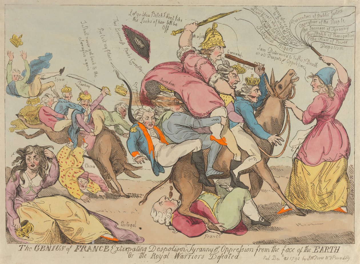 Der Genius Frankreichs, der Despotismus, Tyrannei und Unterdrückung von der Erde vertreibt av Isaac Cruikshank