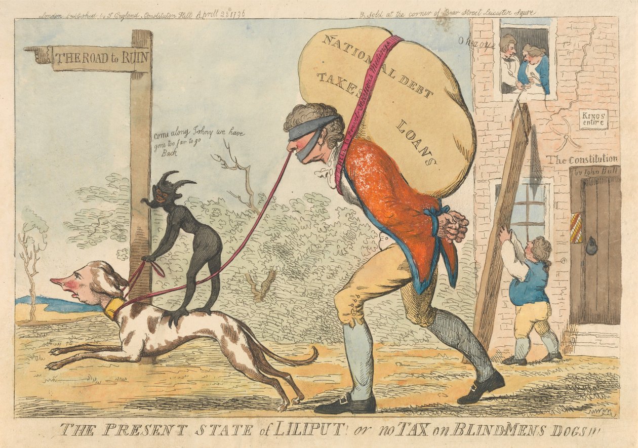 Der gegenwärtige Zustand von Liliput oder Keine Steuer auf Blindenhunde av Isaac Cruikshank