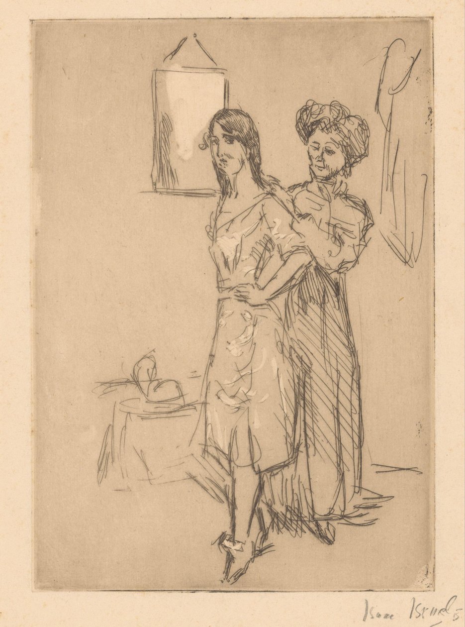 Ung kvinne på hattemakeren At the freser (tittel på objekt) av Isaac Israels (signed by artist)
