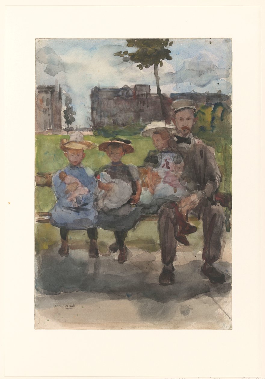 En mann med tre jenter på en benk i Oosterpark i Amsterdam av Isaac Israels