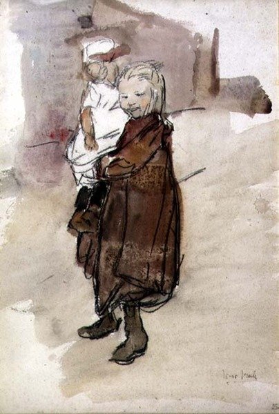 Jente og barn (akvarell på papir) av Isaac Israels