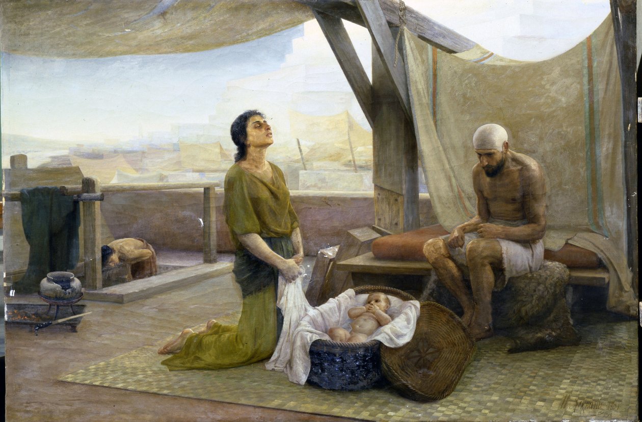 The Parents of Moses - Maleri av Isaac Lvovich Asknazy (1856-1902), olje på lerret (116x174) av Isaac Lvovich Asknazy