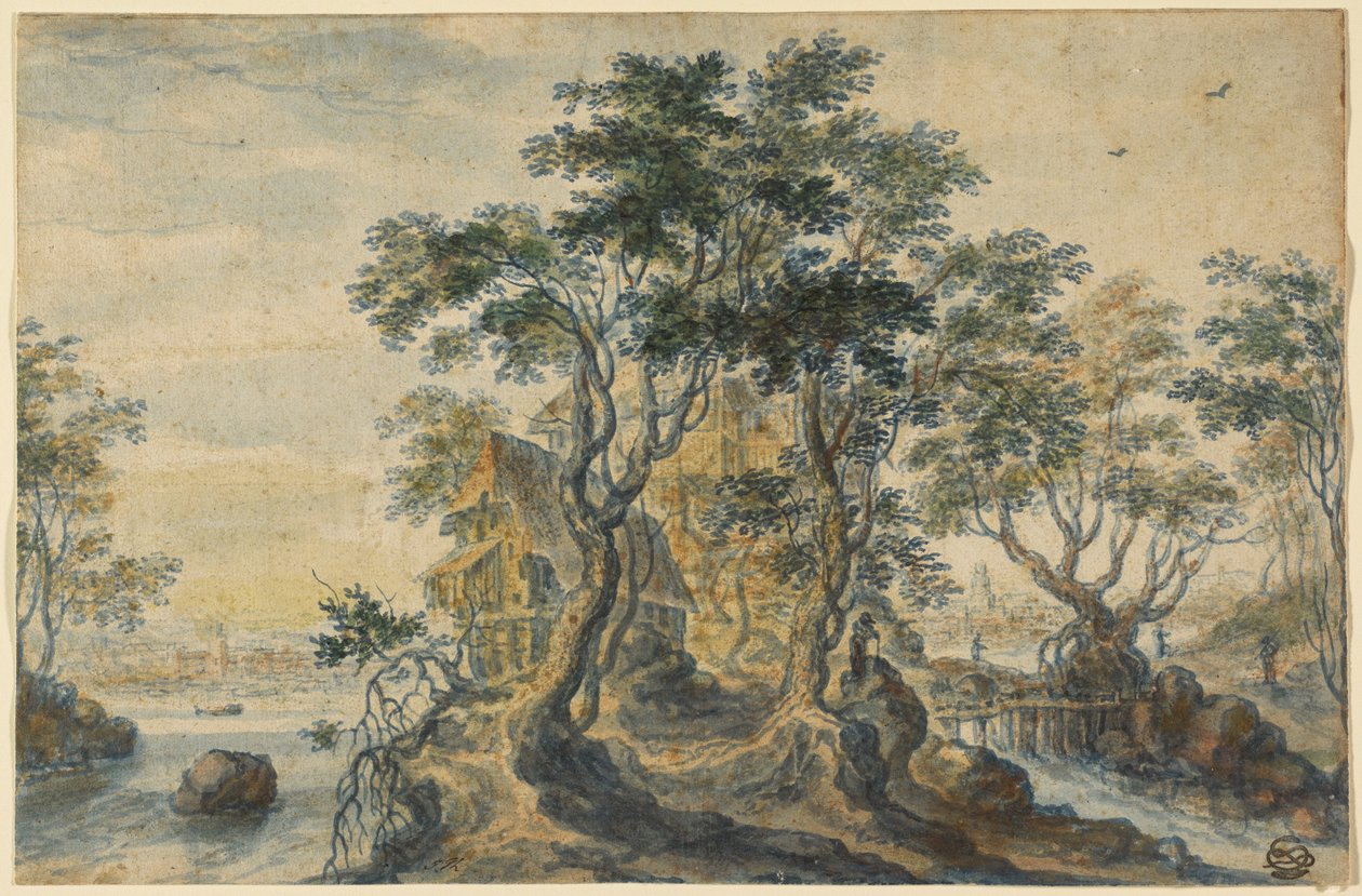 Elvelandskap med hus på en steinete øy av Isaac Major